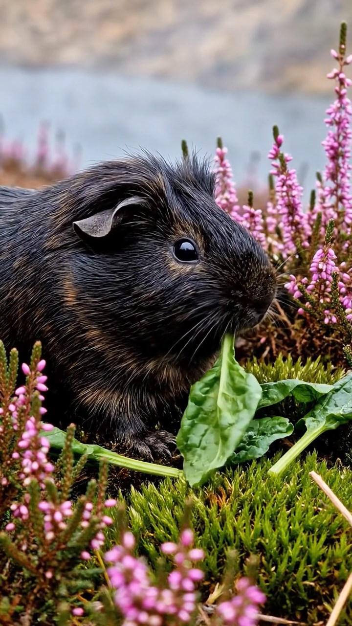 1151. Photorealistic image of 1 smooth-haired American guinea pig with sable fur, chewing on spinach bunches, on a Scottish highland moor with heather and misty lochs.