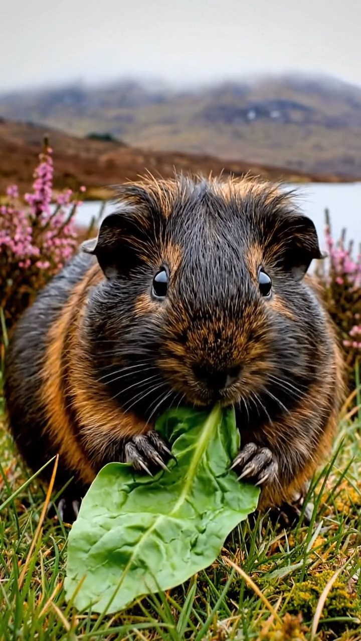 1151. Photorealistic image of 1 smooth-haired American guinea pig with sable fur, chewing on spinach bunches, on a Scottish highland moor with heather and misty lochs.