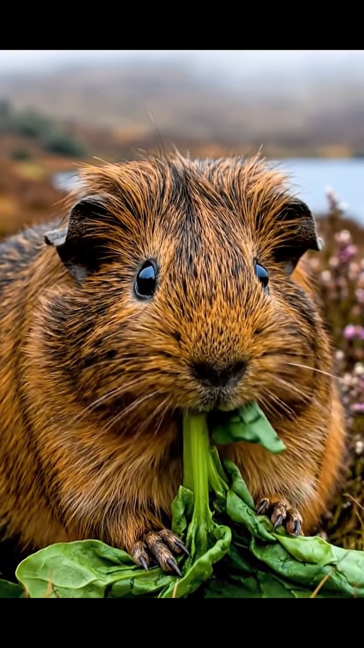 1151. Photorealistic image of 1 smooth-haired American guinea pig with sable fur, chewing on spinach bunches, on a Scottish highland moor with heather and misty lochs.