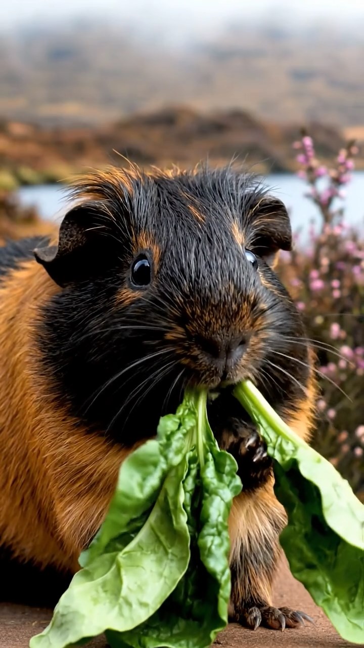 1151. Photorealistic image of 1 smooth-haired American guinea pig with sable fur, chewing on spinach bunches, on a Scottish highland moor with heather and misty lochs.