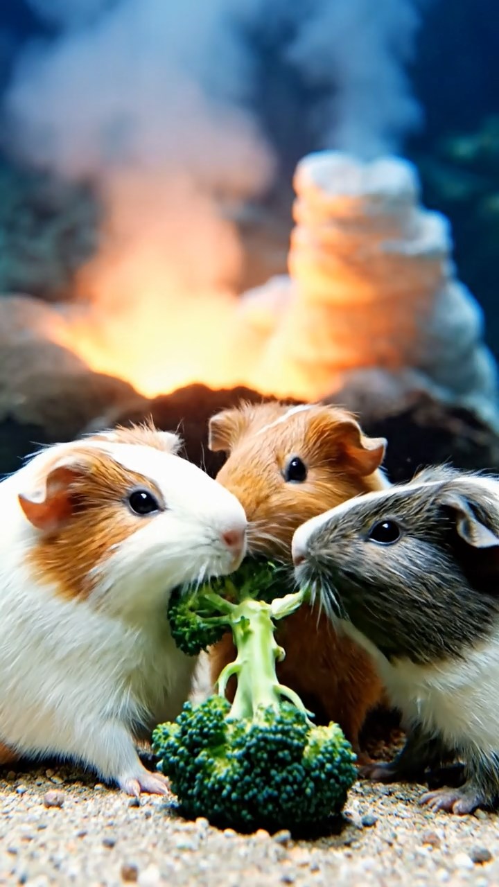 1152. Realistic depiction of 4 smooth-haired Abyssinian guinea pigs in white, orange, and gray colors, sharing broccoli stems, in a underwater volcanic vent with hydrothermal chimneys.