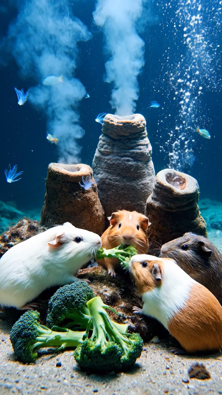 1152. Realistic depiction of 4 smooth-haired Abyssinian guinea pigs in white, orange, and gray colors, sharing broccoli stems, in a underwater volcanic vent with hydrothermal chimneys.