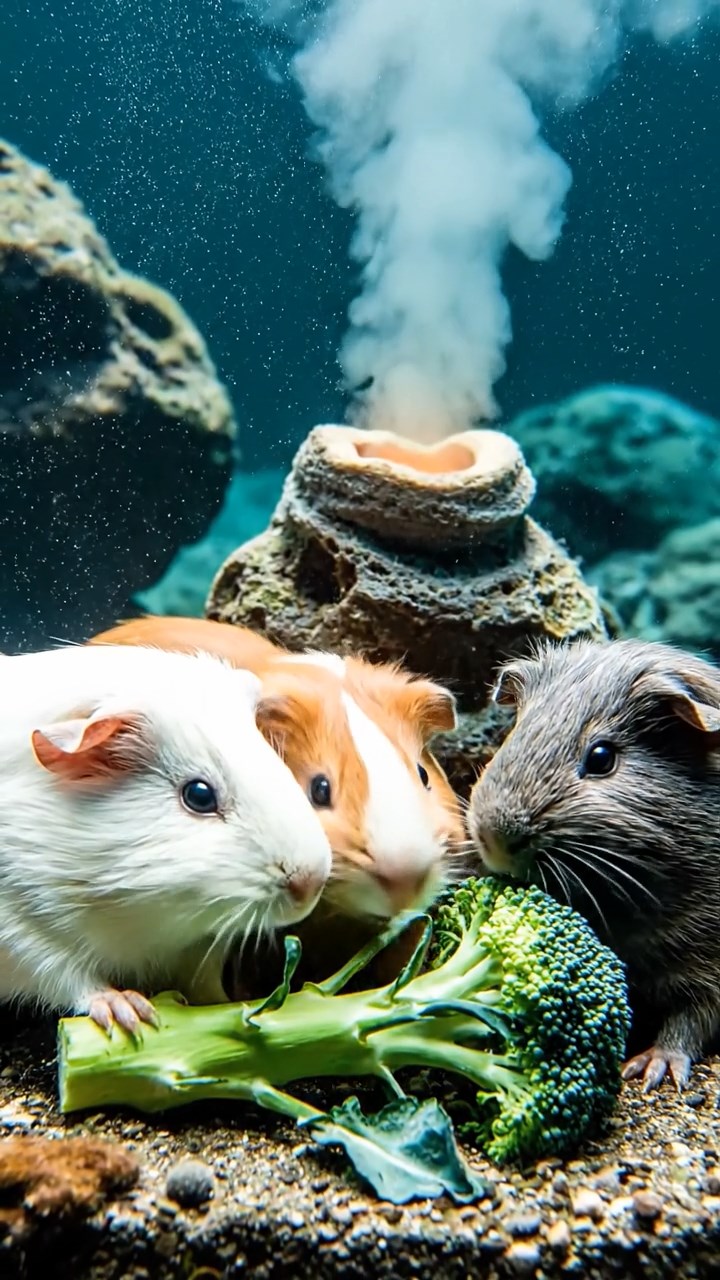 1152. Realistic depiction of 4 smooth-haired Abyssinian guinea pigs in white, orange, and gray colors, sharing broccoli stems, in a underwater volcanic vent with hydrothermal chimneys.