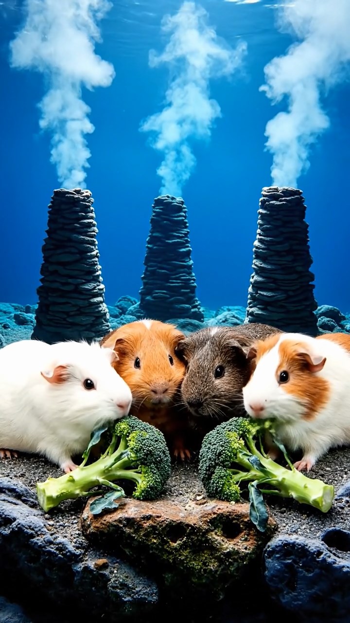 1152. Realistic depiction of 4 smooth-haired Abyssinian guinea pigs in white, orange, and gray colors, sharing broccoli stems, in a underwater volcanic vent with hydrothermal chimneys.