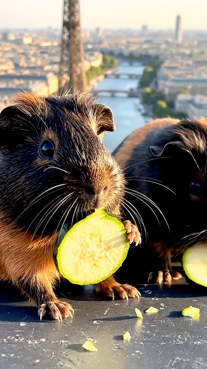 1153. Detailed scene of 2 smooth-haired Peruvian guinea pigs with black and brown fur, munching on zucchini rounds, atop a Eiffel Tower observation deck with Paris views.