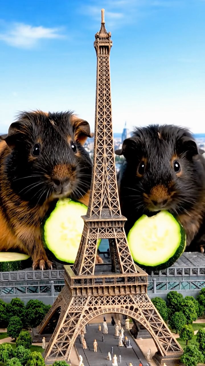 1153. Detailed scene of 2 smooth-haired Peruvian guinea pigs with black and brown fur, munching on zucchini rounds, atop a Eiffel Tower observation deck with Paris views.
