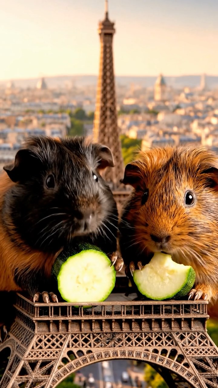 1153. Detailed scene of 2 smooth-haired Peruvian guinea pigs with black and brown fur, munching on zucchini rounds, atop a Eiffel Tower observation deck with Paris views.
