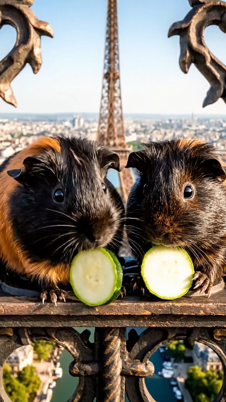 1153. Detailed scene of 2 smooth-haired Peruvian guinea pigs with black and brown fur, munching on zucchini rounds, atop a Eiffel Tower observation deck with Paris views.