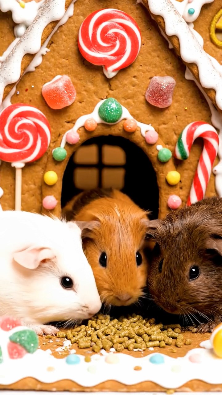 1154. Photorealistic photo of 3 smooth-haired Silkie guinea pigs featuring cream, fawn, and chocolate coats, eating alfalfa pellets, in a fairy tale gingerbread house with candy decorations.