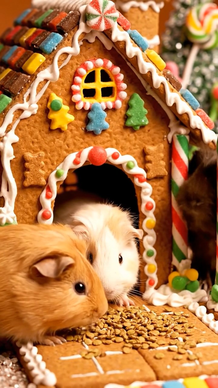 1154. Photorealistic photo of 3 smooth-haired Silkie guinea pigs featuring cream, fawn, and chocolate coats, eating alfalfa pellets, in a fairy tale gingerbread house with candy decorations.
