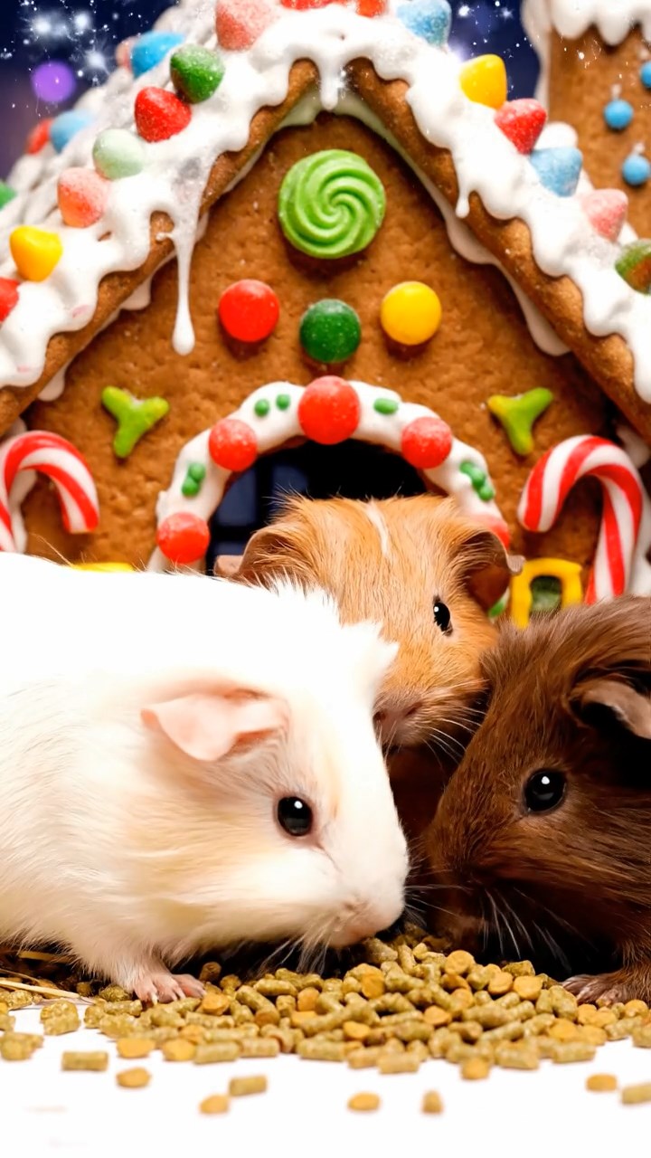 1154. Photorealistic photo of 3 smooth-haired Silkie guinea pigs featuring cream, fawn, and chocolate coats, eating alfalfa pellets, in a fairy tale gingerbread house with candy decorations.
