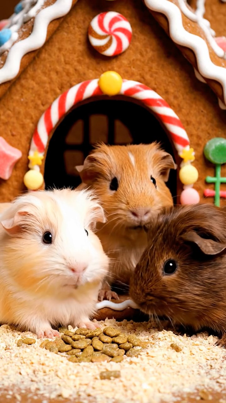 1154. Photorealistic photo of 3 smooth-haired Silkie guinea pigs featuring cream, fawn, and chocolate coats, eating alfalfa pellets, in a fairy tale gingerbread house with candy decorations.