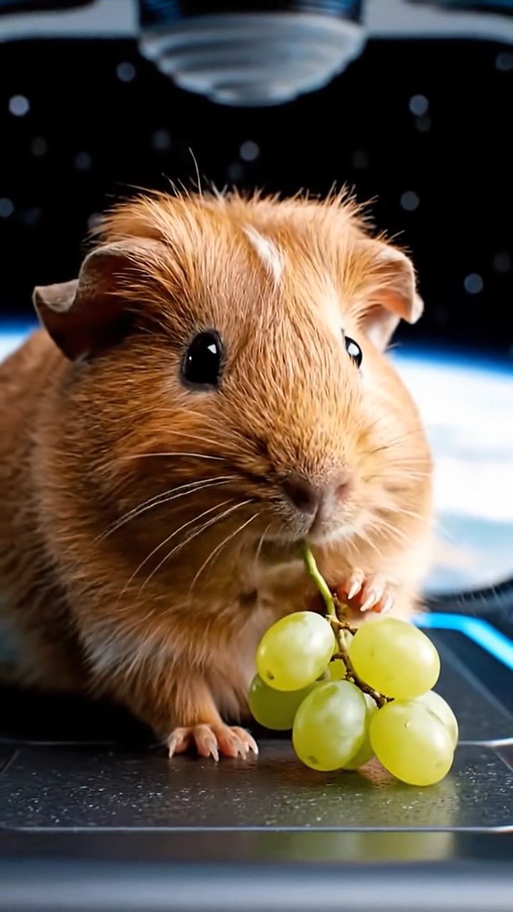 1155. Realistic image of 1 smooth-haired Teddy guinea pig with cinnamon fur, nibbling on grape clusters, on a space elevator platform ascending to orbit.