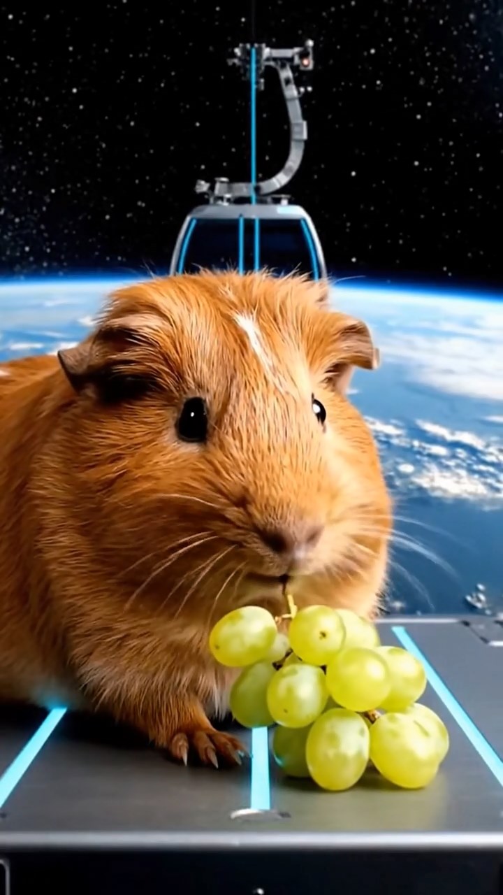 1155. Realistic image of 1 smooth-haired Teddy guinea pig with cinnamon fur, nibbling on grape clusters, on a space elevator platform ascending to orbit.