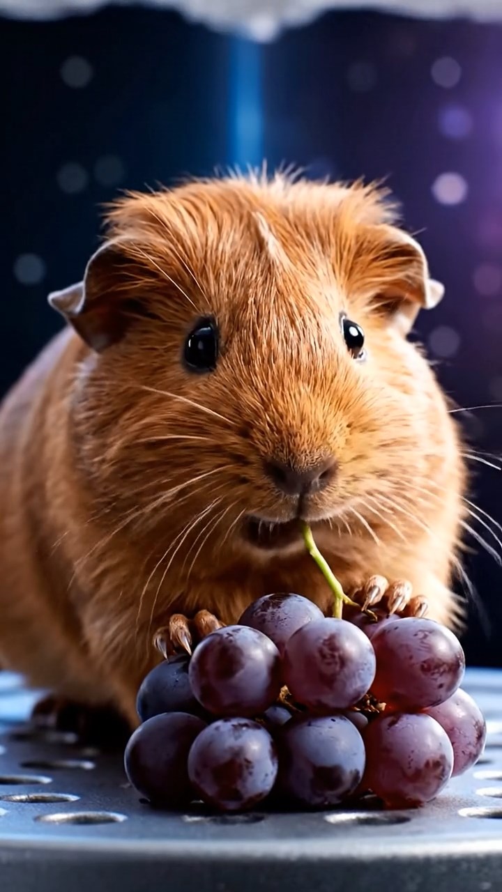 1155. Realistic image of 1 smooth-haired Teddy guinea pig with cinnamon fur, nibbling on grape clusters, on a space elevator platform ascending to orbit.