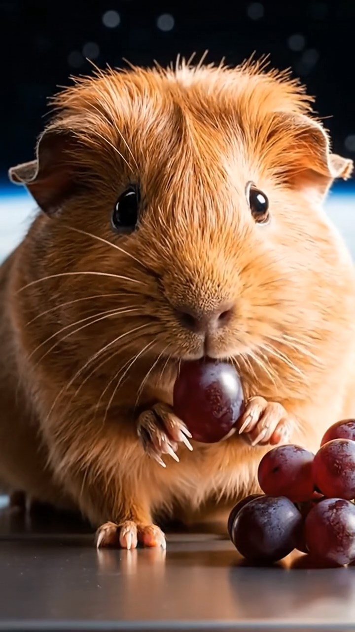 1155. Realistic image of 1 smooth-haired Teddy guinea pig with cinnamon fur, nibbling on grape clusters, on a space elevator platform ascending to orbit.