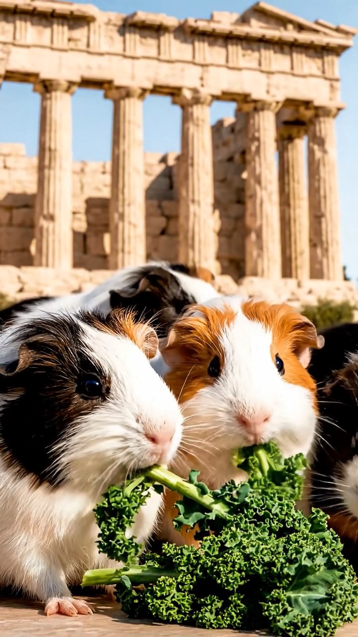 1156. Highly detailed view of 5 smooth-haired Texel guinea pigs with sable, white, and orange fur, chewing on kale stems, in a ancient Greek acropolis with marble columns and olive trees.