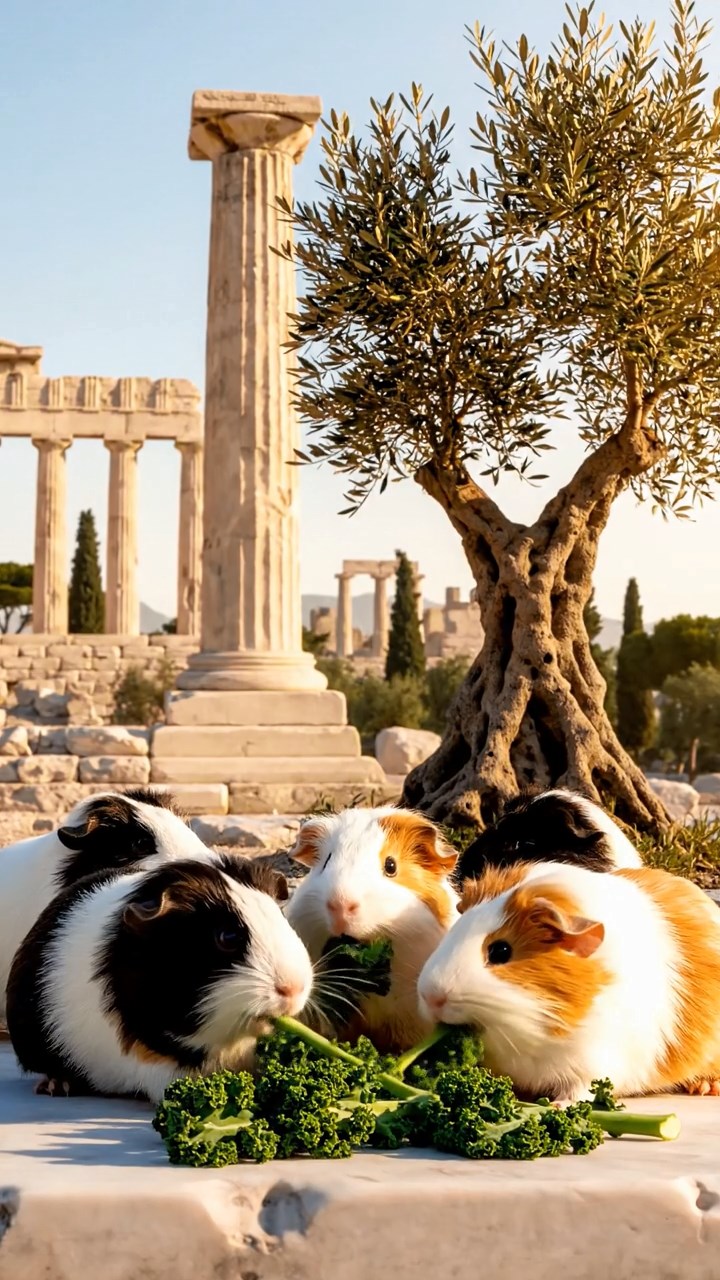 1156. Highly detailed view of 5 smooth-haired Texel guinea pigs with sable, white, and orange fur, chewing on kale stems, in a ancient Greek acropolis with marble columns and olive trees.