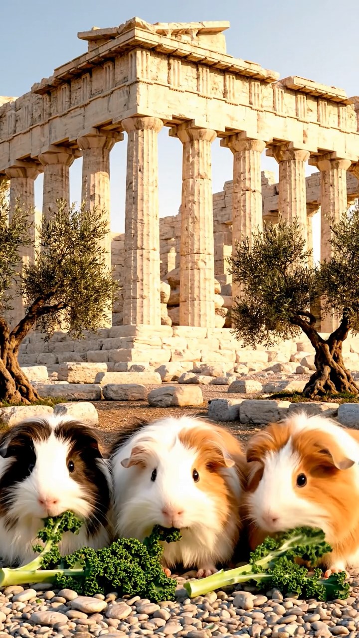 1156. Highly detailed view of 5 smooth-haired Texel guinea pigs with sable, white, and orange fur, chewing on kale stems, in a ancient Greek acropolis with marble columns and olive trees.