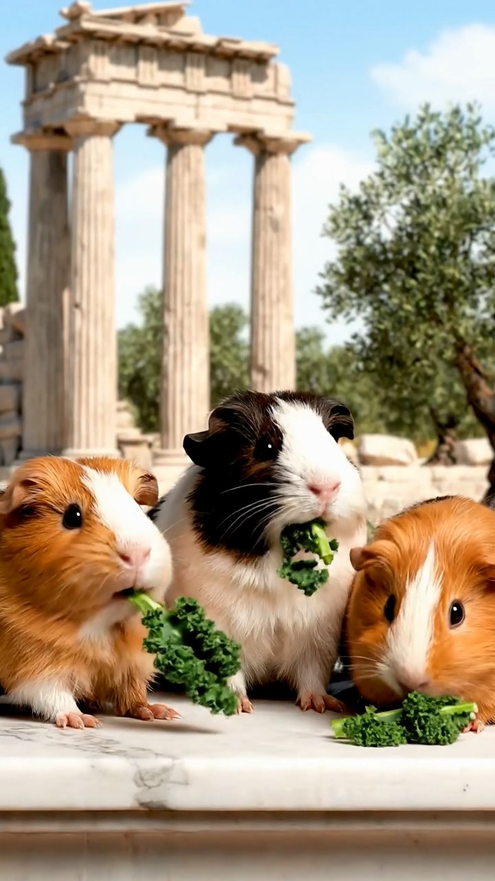 1156. Highly detailed view of 5 smooth-haired Texel guinea pigs with sable, white, and orange fur, chewing on kale stems, in a ancient Greek acropolis with marble columns and olive trees.