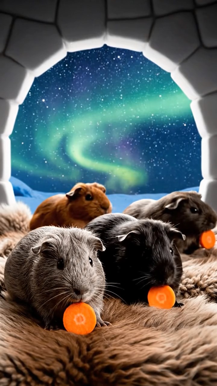 1157. Photorealistic scene of 4 smooth-haired Rex guinea pigs in gray, black, and brown colors, sharing carrot coins, inside a cozy igloo with fur rugs and aurora views.