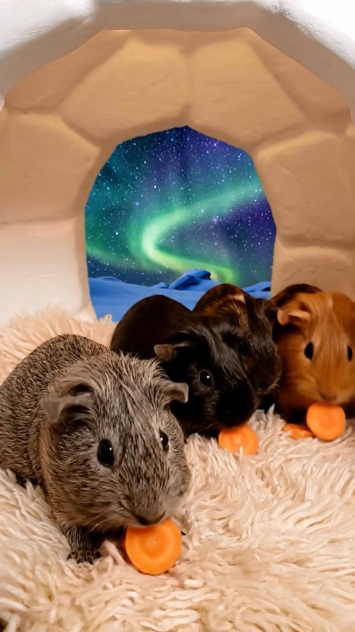 1157. Photorealistic scene of 4 smooth-haired Rex guinea pigs in gray, black, and brown colors, sharing carrot coins, inside a cozy igloo with fur rugs and aurora views.