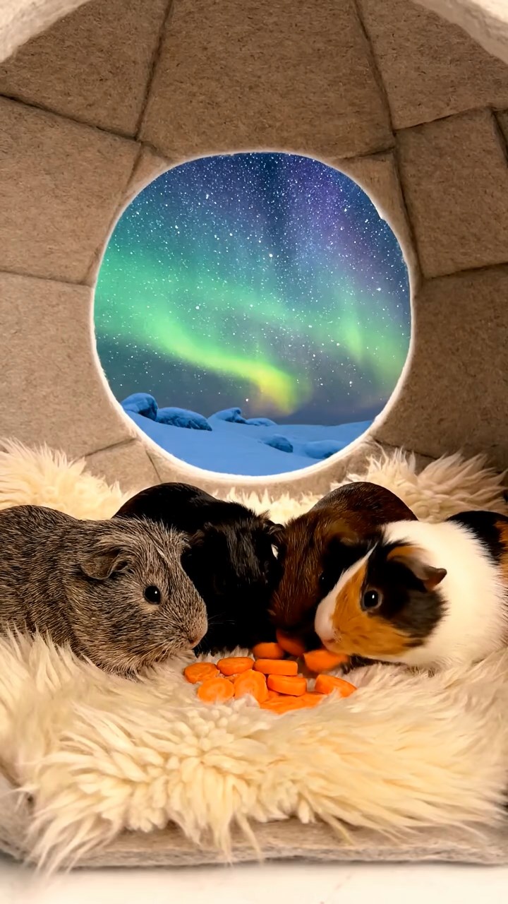 1157. Photorealistic scene of 4 smooth-haired Rex guinea pigs in gray, black, and brown colors, sharing carrot coins, inside a cozy igloo with fur rugs and aurora views.