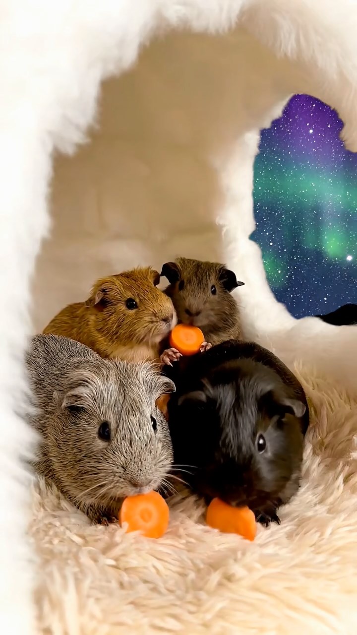 1157. Photorealistic scene of 4 smooth-haired Rex guinea pigs in gray, black, and brown colors, sharing carrot coins, inside a cozy igloo with fur rugs and aurora views.