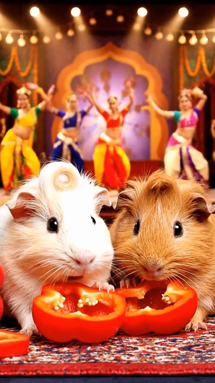 1158. Realistic depiction of 2 smooth-haired Coronet guinea pigs with cream and fawn fur, munching on bell pepper halves, on a Bollywood film set with dancers and colorful sets.
