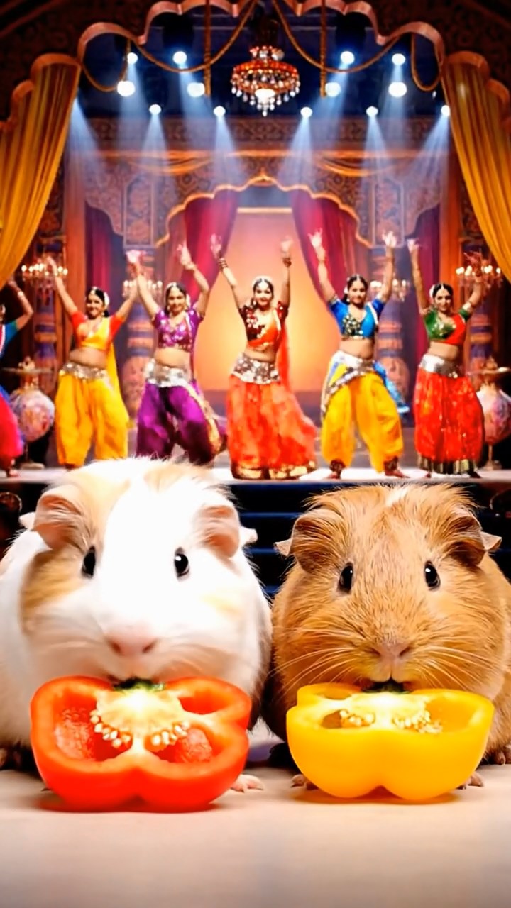 1158. Realistic depiction of 2 smooth-haired Coronet guinea pigs with cream and fawn fur, munching on bell pepper halves, on a Bollywood film set with dancers and colorful sets.