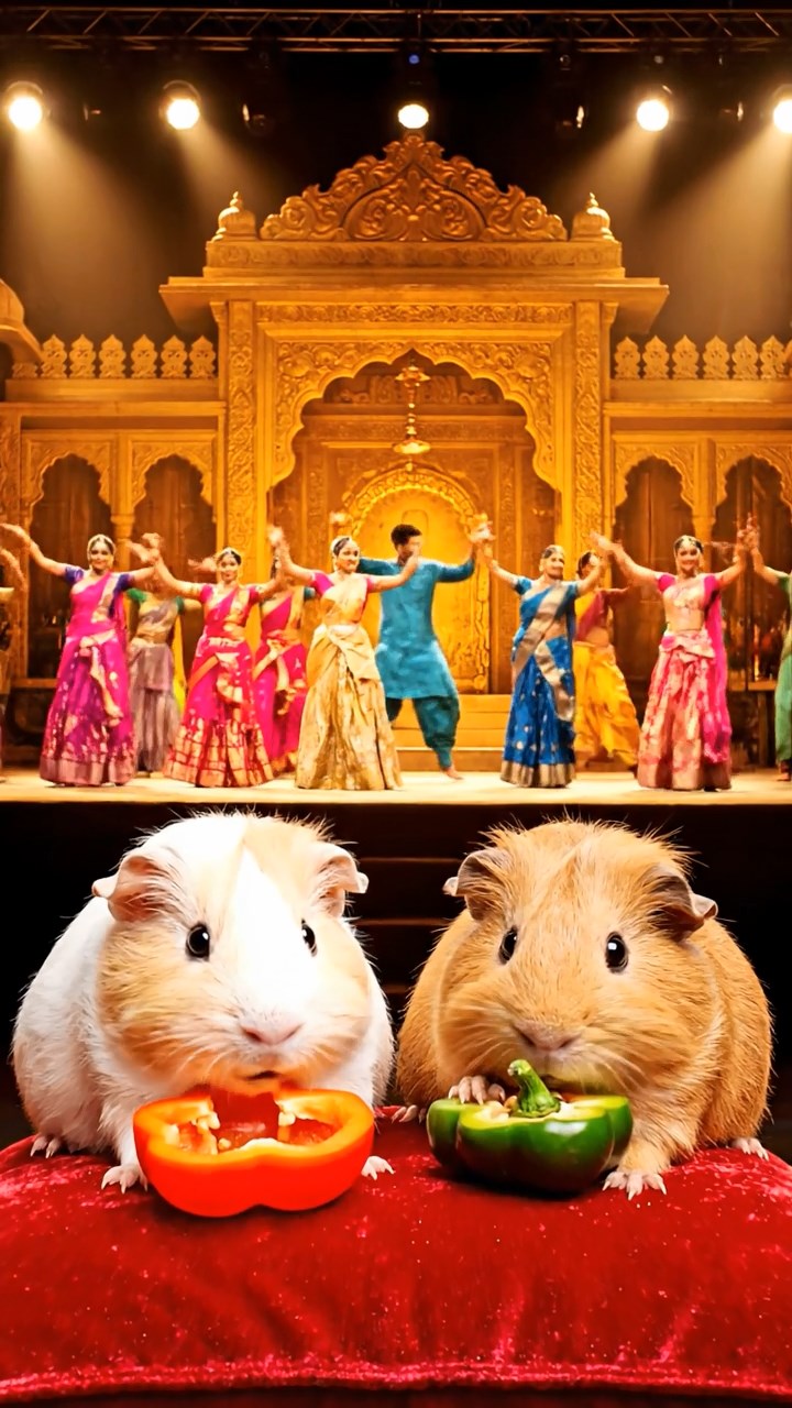 1158. Realistic depiction of 2 smooth-haired Coronet guinea pigs with cream and fawn fur, munching on bell pepper halves, on a Bollywood film set with dancers and colorful sets.