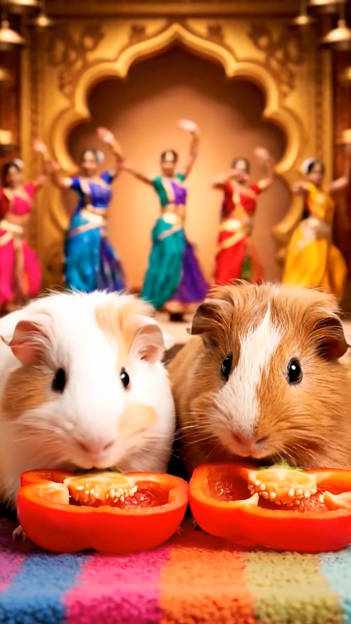 1158. Realistic depiction of 2 smooth-haired Coronet guinea pigs with cream and fawn fur, munching on bell pepper halves, on a Bollywood film set with dancers and colorful sets.