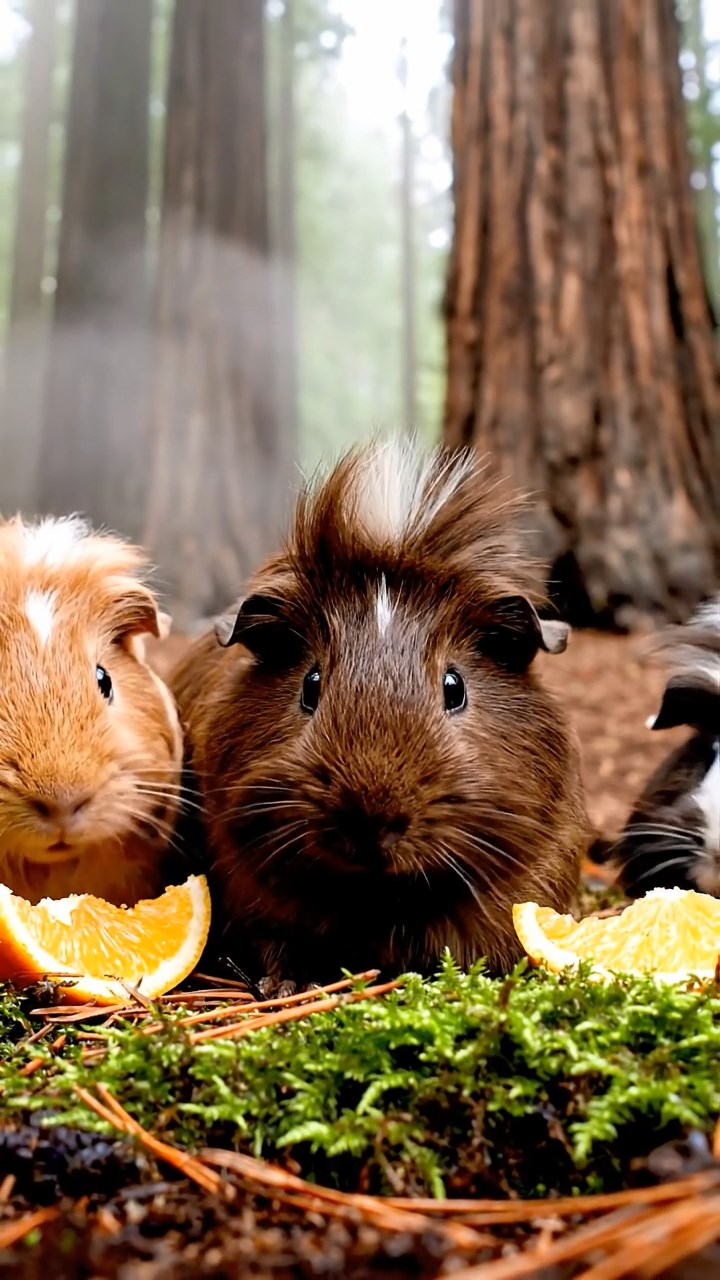 1159. Detailed photo of 3 smooth-haired White Crested guinea pigs featuring chocolate, cinnamon, and sable coats, eating orange wedges, in a dense fog-shrouded redwood forest with giant trunks.