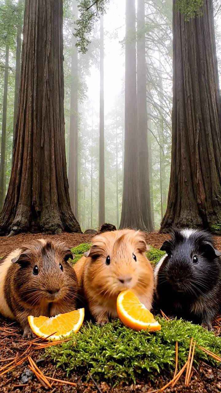 1159. Detailed photo of 3 smooth-haired White Crested guinea pigs featuring chocolate, cinnamon, and sable coats, eating orange wedges, in a dense fog-shrouded redwood forest with giant trunks.
