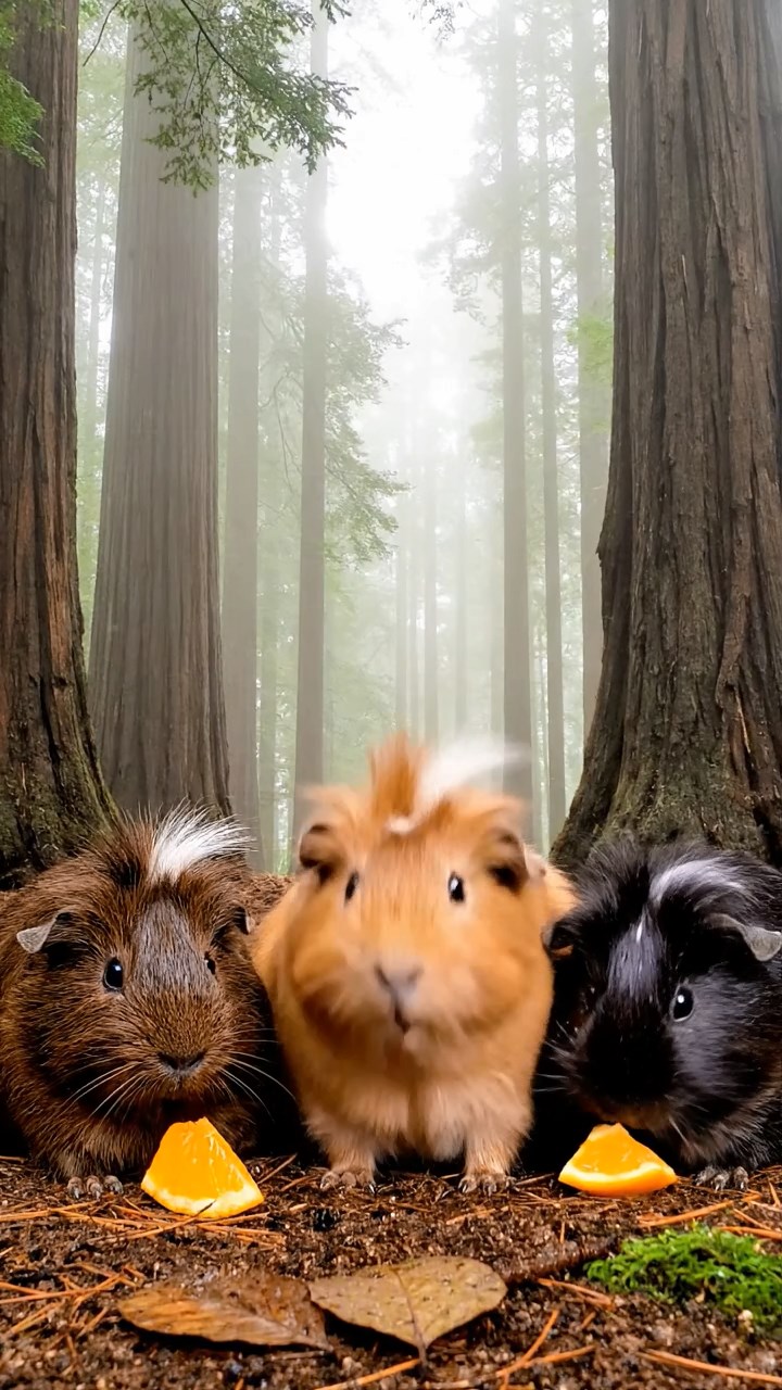 1159. Detailed photo of 3 smooth-haired White Crested guinea pigs featuring chocolate, cinnamon, and sable coats, eating orange wedges, in a dense fog-shrouded redwood forest with giant trunks.