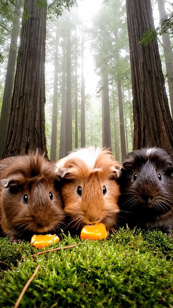 1159. Detailed photo of 3 smooth-haired White Crested guinea pigs featuring chocolate, cinnamon, and sable coats, eating orange wedges, in a dense fog-shrouded redwood forest with giant trunks.
