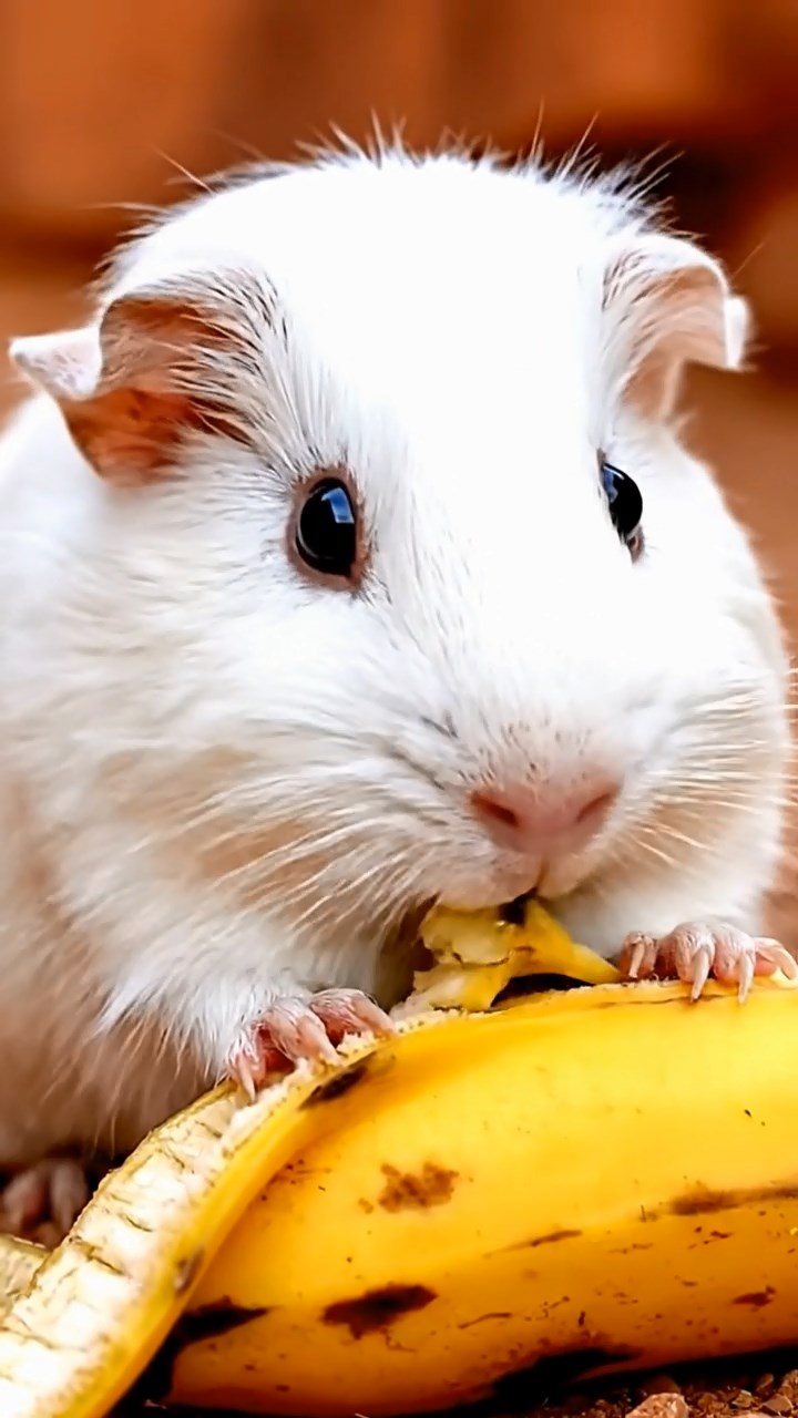 1160. Photorealistic image of 1 smooth-haired Skinny guinea pig with white fur, nibbling on banana skins, atop a Grand Canyon mule trail with steep drops.
