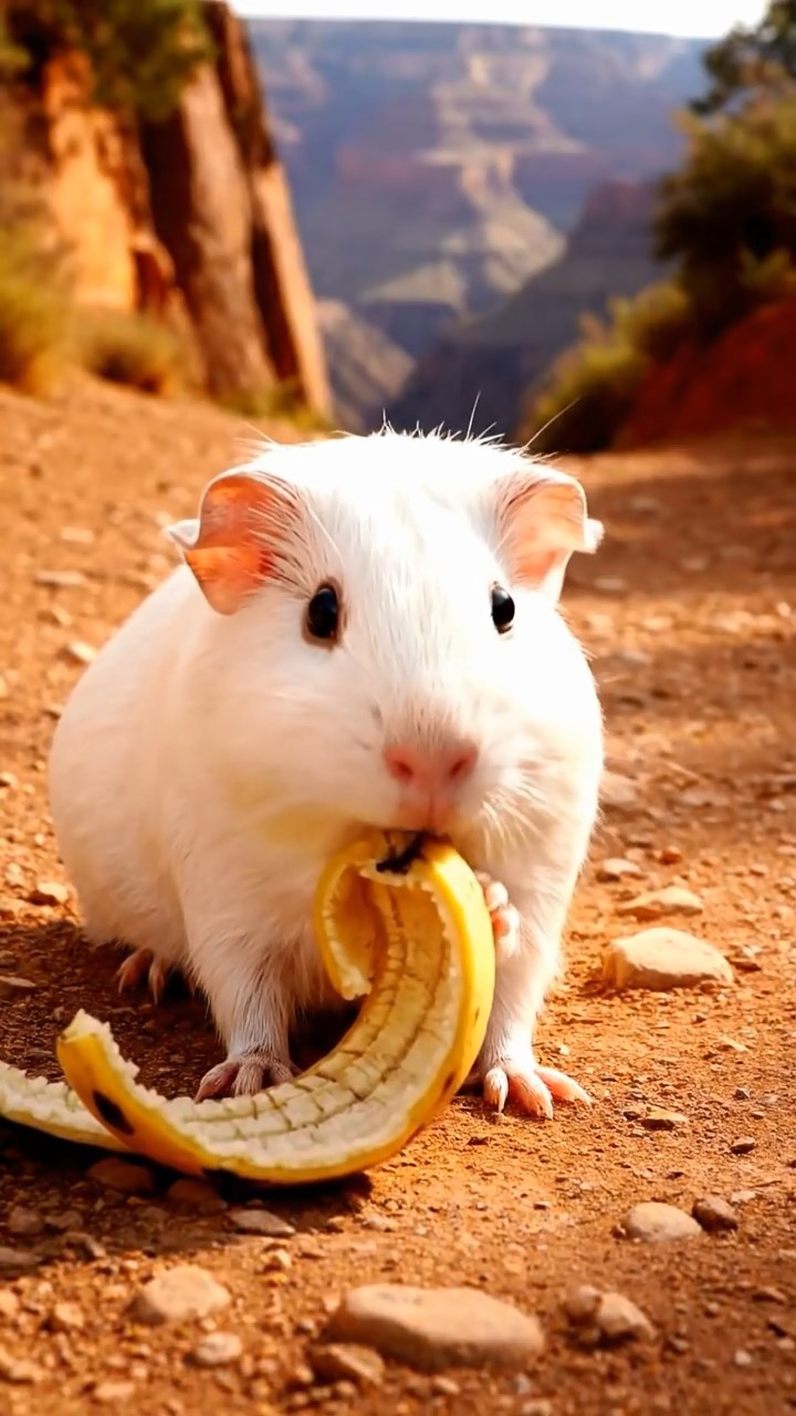1160. Photorealistic image of 1 smooth-haired Skinny guinea pig with white fur, nibbling on banana skins, atop a Grand Canyon mule trail with steep drops.