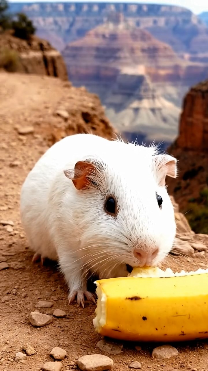 1160. Photorealistic image of 1 smooth-haired Skinny guinea pig with white fur, nibbling on banana skins, atop a Grand Canyon mule trail with steep drops.