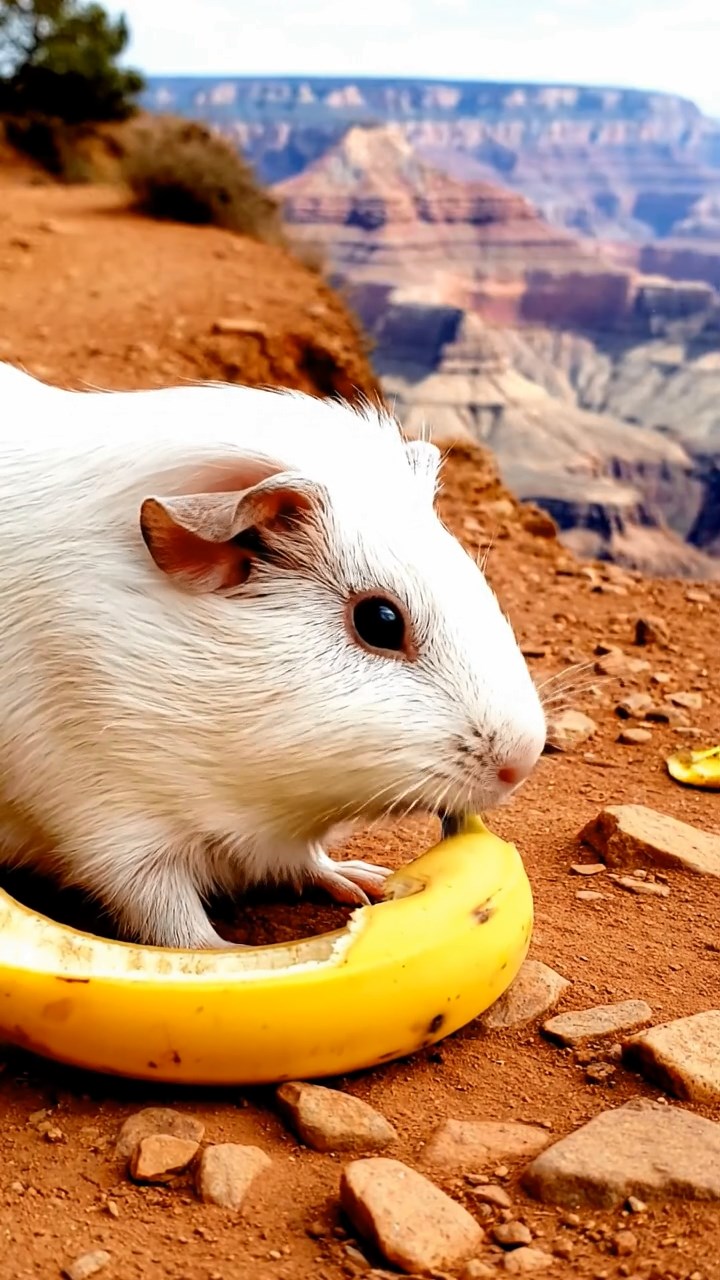 1160. Photorealistic image of 1 smooth-haired Skinny guinea pig with white fur, nibbling on banana skins, atop a Grand Canyon mule trail with steep drops.