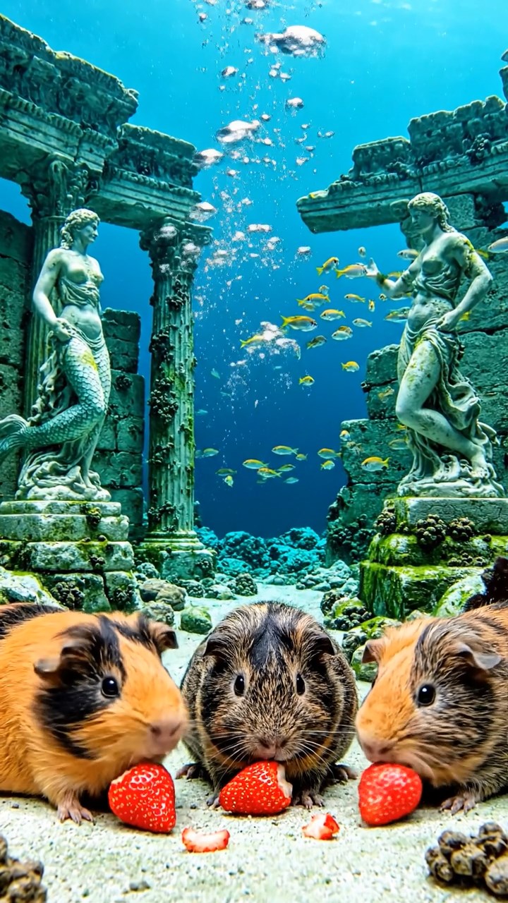 1161. Realistic scene of 4 smooth-haired American guinea pigs with orange, gray, and black fur, chewing on strawberry hulls, in a underwater Atlantis ruin with marble statues.