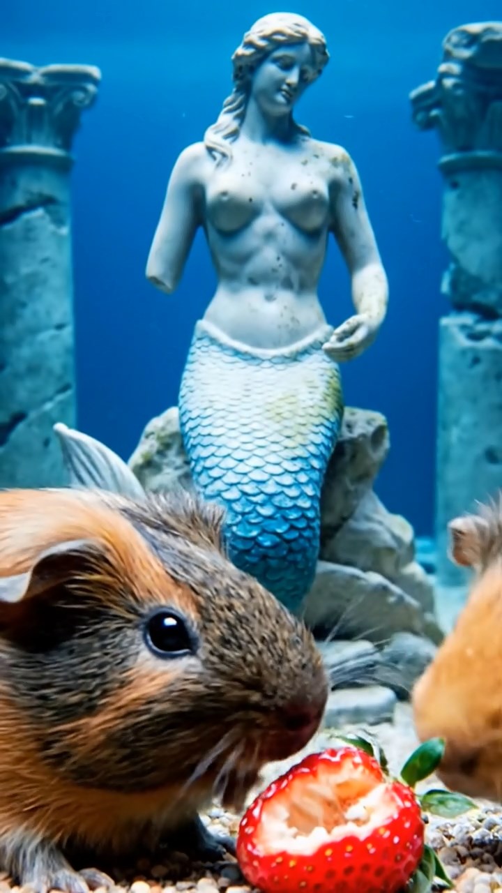 1161. Realistic scene of 4 smooth-haired American guinea pigs with orange, gray, and black fur, chewing on strawberry hulls, in a underwater Atlantis ruin with marble statues.