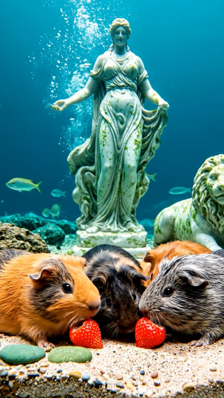 1161. Realistic scene of 4 smooth-haired American guinea pigs with orange, gray, and black fur, chewing on strawberry hulls, in a underwater Atlantis ruin with marble statues.