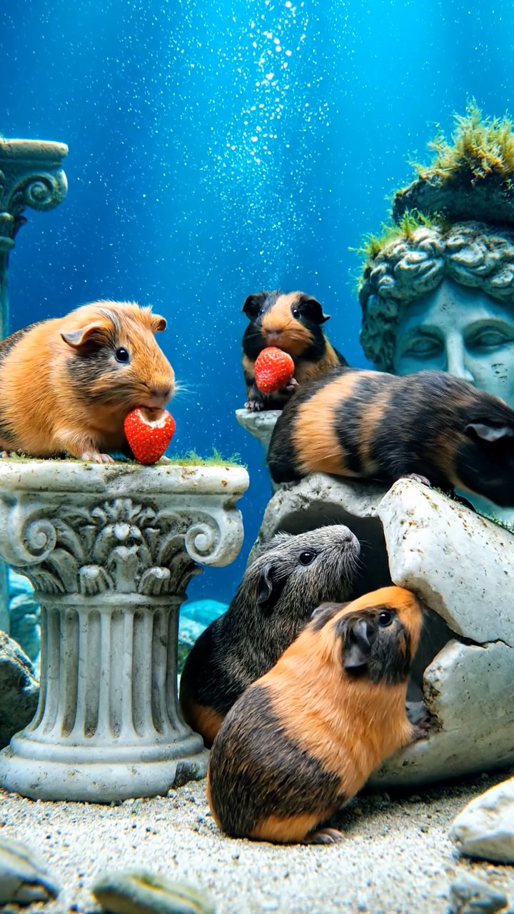 1161. Realistic scene of 4 smooth-haired American guinea pigs with orange, gray, and black fur, chewing on strawberry hulls, in a underwater Atlantis ruin with marble statues.