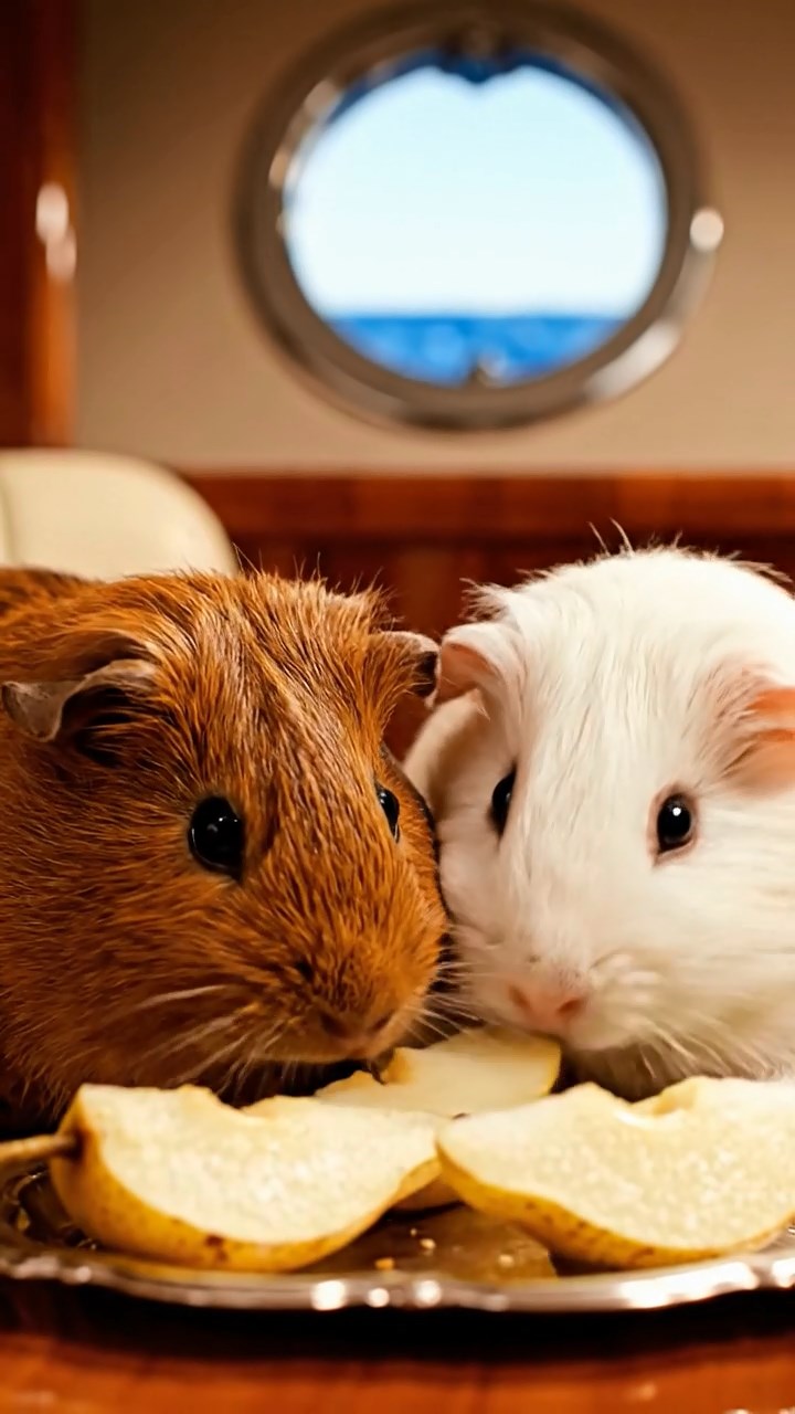 1162. Highly detailed view of 2 smooth-haired Abyssinian guinea pigs in brown and cream colors, sharing pear wedges, inside a luxury yacht cabin with ocean portholes.