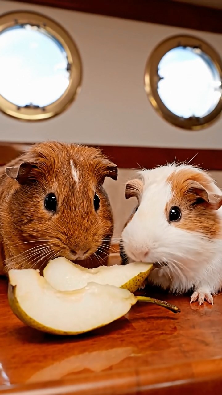 1162. Highly detailed view of 2 smooth-haired Abyssinian guinea pigs in brown and cream colors, sharing pear wedges, inside a luxury yacht cabin with ocean portholes.