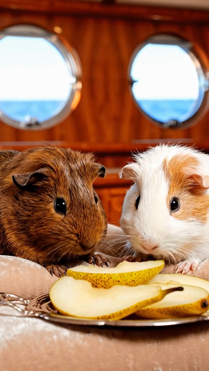 1162. Highly detailed view of 2 smooth-haired Abyssinian guinea pigs in brown and cream colors, sharing pear wedges, inside a luxury yacht cabin with ocean portholes.