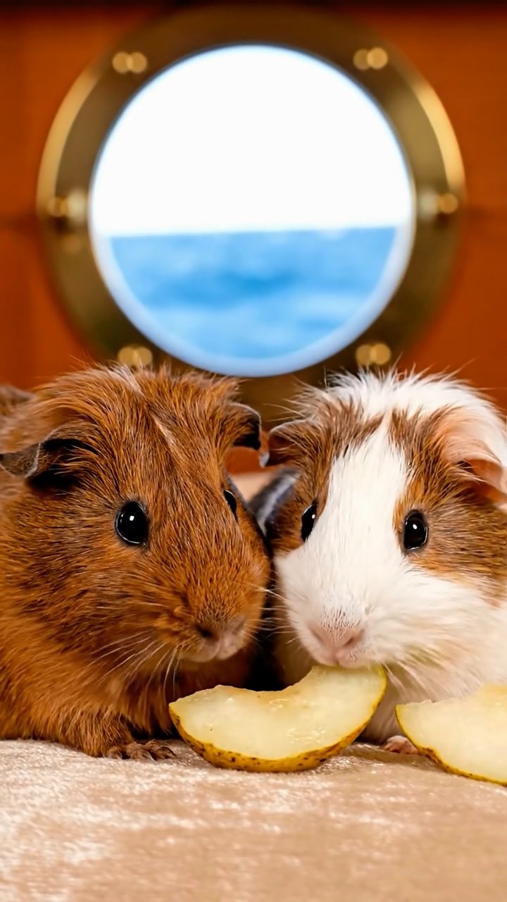 1162. Highly detailed view of 2 smooth-haired Abyssinian guinea pigs in brown and cream colors, sharing pear wedges, inside a luxury yacht cabin with ocean portholes.