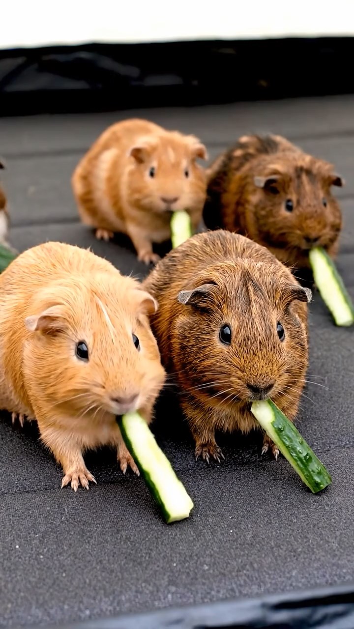 1163. Photorealistic photo of 5 smooth-haired Peruvian guinea pigs with fawn, chocolate, and cinnamon fur, munching on cucumber sticks, on a Mount Everest base camp tent floor.