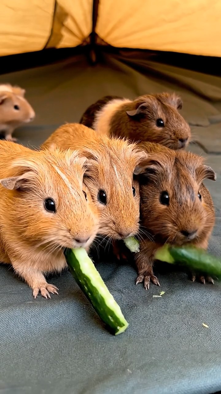 1163. Photorealistic photo of 5 smooth-haired Peruvian guinea pigs with fawn, chocolate, and cinnamon fur, munching on cucumber sticks, on a Mount Everest base camp tent floor.